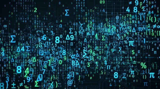 Glowing digital numbers and mathematical symbols floating on dark background