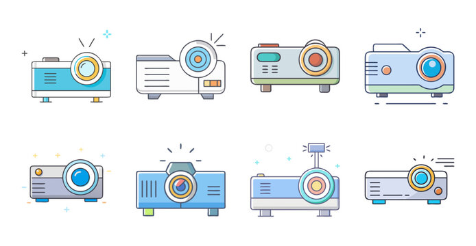 Flat icons of old-fashioned cameras and film - Colorful set of vintage cameras and film reel icons in a playful style, perfect for retro or photography themes.