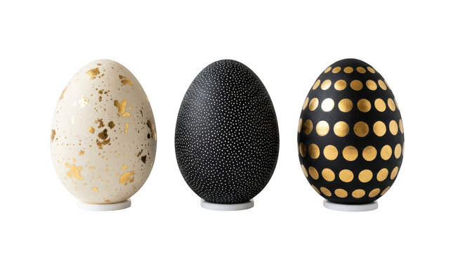 Three decorative easter eggs with gold accents isolated on transparent background