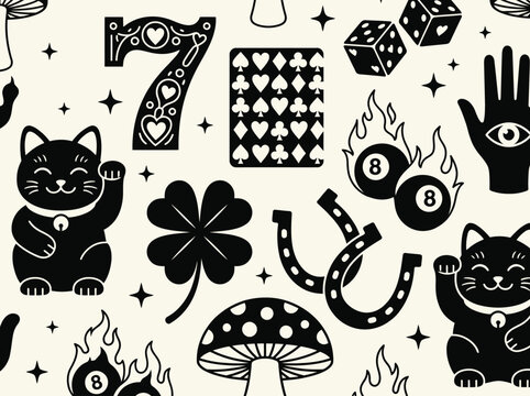 Black and White Lucky Charms and Gambling Symbols Vector Illustration