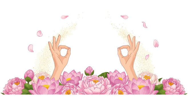 Spiritual meditation mudra vector with pink lotus flower garden