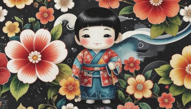 Colorful Japanese Kokeshi Doll Batik Floral Seamless Pattern Design