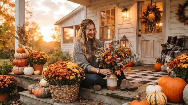 Warm thanksgiving background woman with autumn flowers and pumpkins on porch