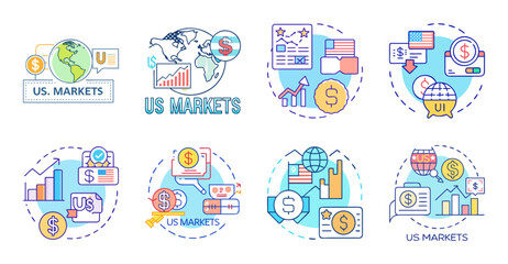 Fototapeta premium Colorful tech and business icons set - Bright and modern flat icons showing technology, business, finance, and communication concepts in a vibrant style.