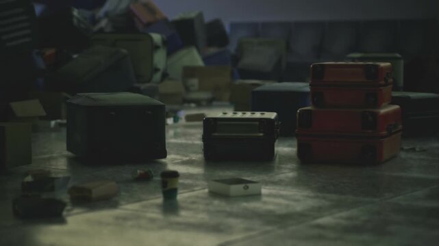 Dim apartment floor strewn with suitcases and boxes, lone coffee cup near tile, sofa blurred in background, latenight mover pausing amid scattered baggage,