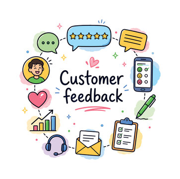 Customer feedback. Hand drawn illustration of Customer feedback. feedback bubble, rating stars, comment box, smartphone survey, happy customer, pen, checklist, email icon, heart icon, support headset,