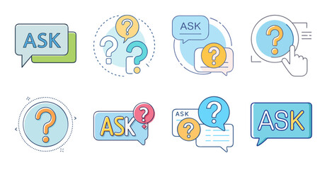 Fototapeta premium Flat design question answer chat icons set - Colorful set of flat icons showing question, answer, and chat bubbles for communication or support designs.