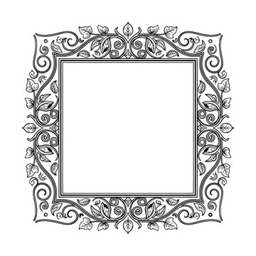 Square Floral Frame Vector, Art Nouveau Style Vine and Leaf Border for Certificate, Menu, or Invitation