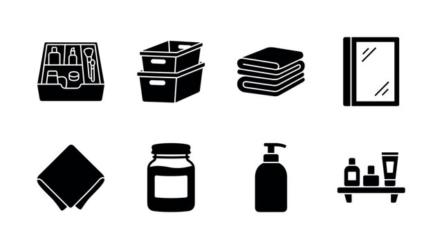 Bathroom Organization. Filled icon set of bathroom organization: drawer organizer, storage bins, folded towels, mirror cabinet, cleaning cloth, labeled jar, soap dispenser, compact shelf. Solid icons