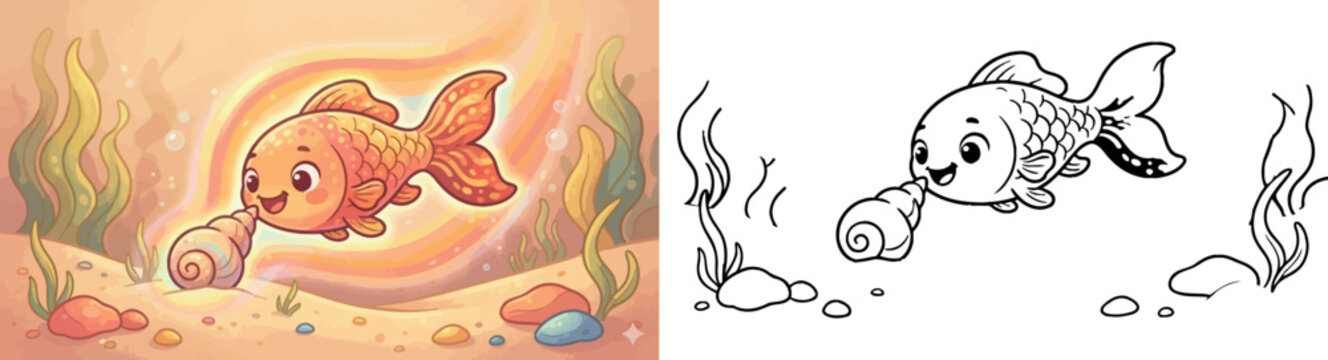 Cute Kawaii Goldfish Swimming with a Glowing Seashell