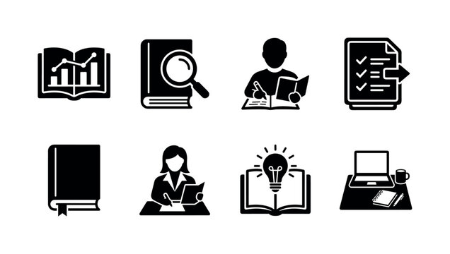 Business book analysis and study. Filled icon set of Business book analysis and study: open book with chart, book with magnifying glass, reader making notes, document analysis, book with bookmark,