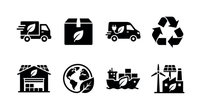 Sustainable supply chain. Filled icon set of Sustainable supply chain: eco delivery truck, leaf package, electric cargo van, recycling arrows, green warehouse, globe with leaf, cargo ship, renewable