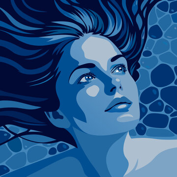 A water nymph emerging slowly from a serene, glass-like pond covered in giant Victoria water lilies. Her hair is made of flowing water and blooming lotus flowers. Droplets of water on her skin are ren