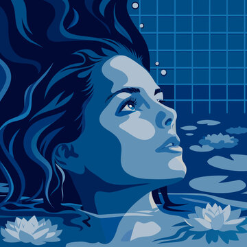 A water nymph emerging slowly from a serene, glass-like pond covered in giant Victoria water lilies. Her hair is made of flowing water and blooming lotus flowers. Droplets of water on her skin are ren