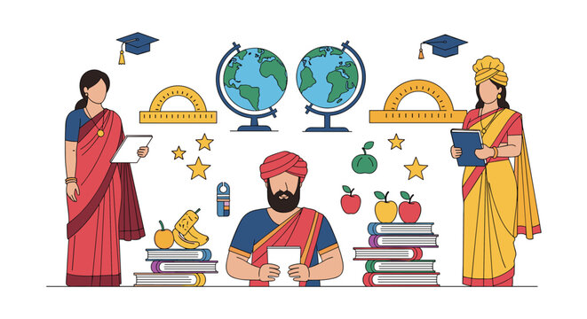 Indian teachers in traditional clothing stand near educational items like globes, books, apples, and protractors in flat design style.
