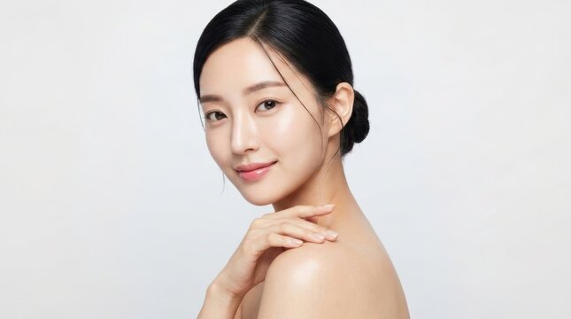 Portrait of a beautiful young asian woman with glowing skin isolated on white background