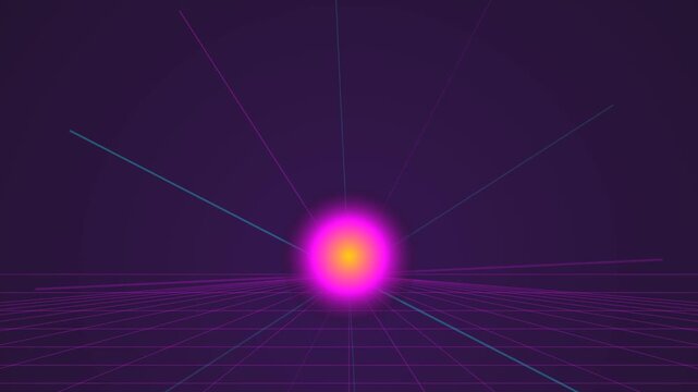 Retro 80s Synthwave Background Featuring Neon Sunset and Grid Horizon