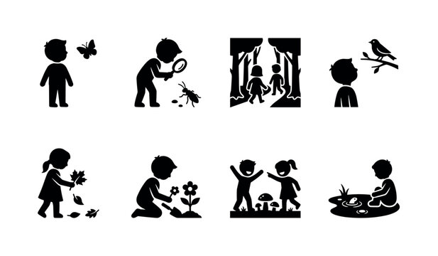 Kids exploring nature. Filled icon set of Kids exploring nature: child watching butterfly, kid examining insect with magnifier, children exploring forest, child observing bird, kid collecting leaves,