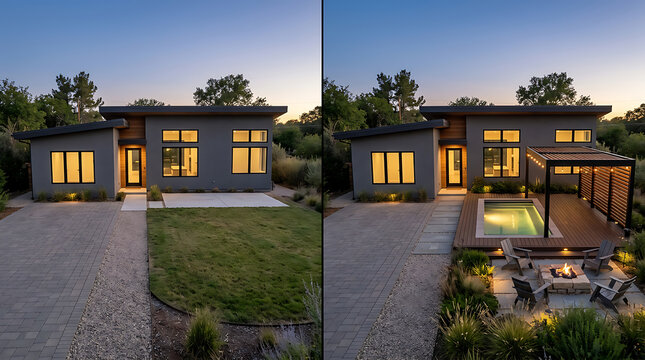 Modern two-story house illuminated at dusk with a landscaped outdoor area and a private pool for relaxing evenings