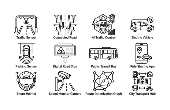 Smart transportation systems. Line outline icon set of Smart transportation systems: traffic sensor, connected road, AI traffic control, electric vehicle, parking sensor, digital road sign, public