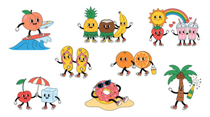 Obraz premium Set of cute summer fruit characters in different activities cartoon.