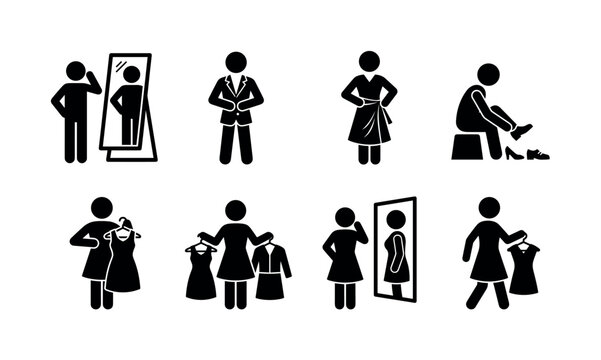 Fashion Fitting. Filled icon set of Fashion Fitting: person checking outfit in mirror, person buttoning jacket, person adjusting dress, person changing shoes, person holding dress against body, person