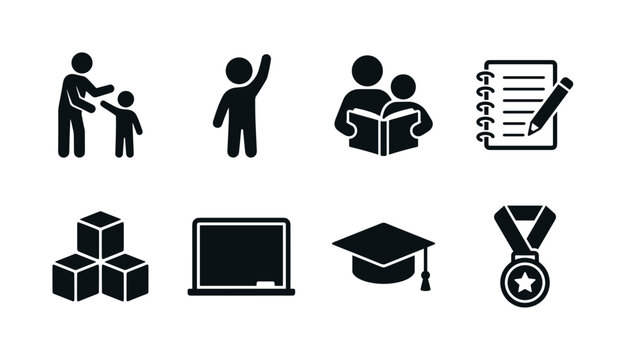 Parent-child education. Filled icon set of Parent-child education: adult teaching child, child raising hand, shared reading book, writing practice notebook, alphabet blocks, math learning board,