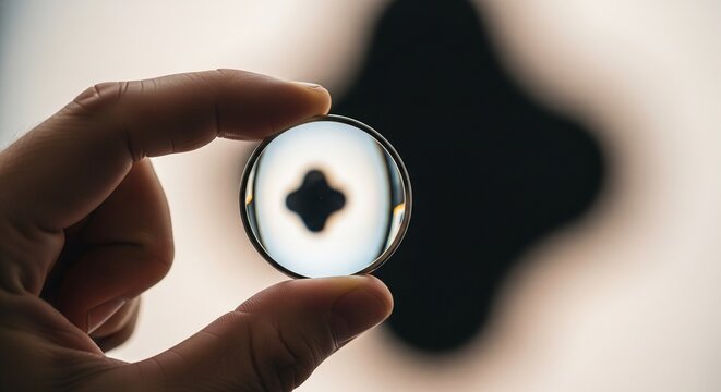 Close-up of a hand holding a circular lens, focusing on a dark, four-pointed star shape in