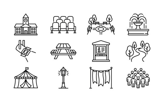 Public gathering spaces. Line outline icon set of Public gathering spaces: town hall, auditorium seats, outdoor plaza, fountain, stage spotlight, picnic table, information kiosk, walking path, event