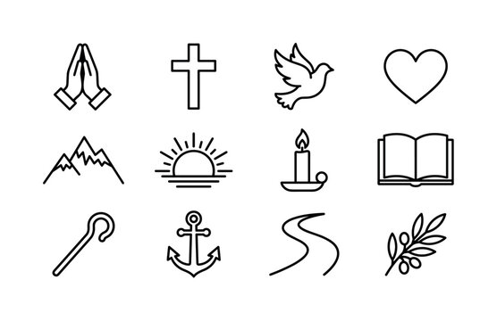 The role of faith in overcoming adversity. Line outline icon set of The role of faith in overcoming adversity: praying hands, cross, dove, heart, mountain, sunrise, candle, open Bible, shepherd staff,