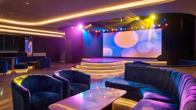 Upscale lounge featuring luxurious sofas facing an illuminated performance stage, colorful spotlights, elegant nightlife atmosphere, modern entertainment venue, 4K video