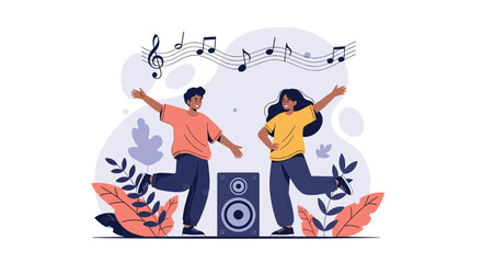 Fototapeta premium Young man and woman dancing joyfully next to a sound speaker with music notes floating around in a garden setting.