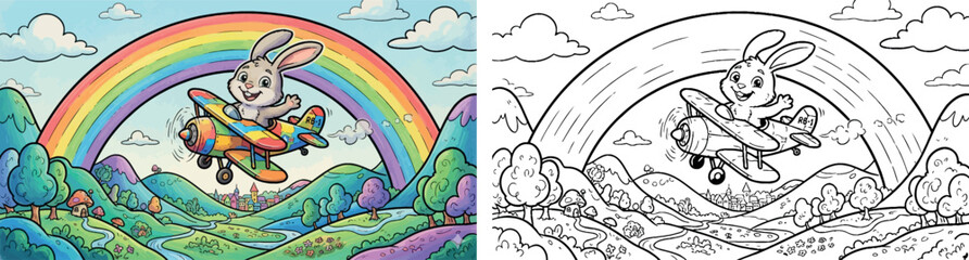 Cute Cartoon Bunny Flying a Colorful Patchwork Biplane over a Whimsical Magical Valley with Mushroom © MstSangita