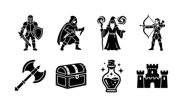 Fantasy LARP adventures. Filled icon set of Fantasy LARP adventures: armored knight, hooded rogue, fantasy mage, elven archer, battle axe, treasure chest, magical potion bottle, medieval fortress.