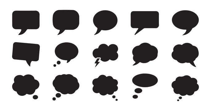 Solid black speech bubble set with various cloud shapes and lightning bolt icons for comic design work.