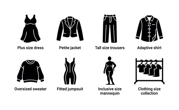 Inclusive fashion and clothing. Filled icon set of Inclusive fashion and clothing: plus size dress, petite jacket, tall size trousers, adaptive shirt, oversized sweater, fitted jumpsuit, inclusive