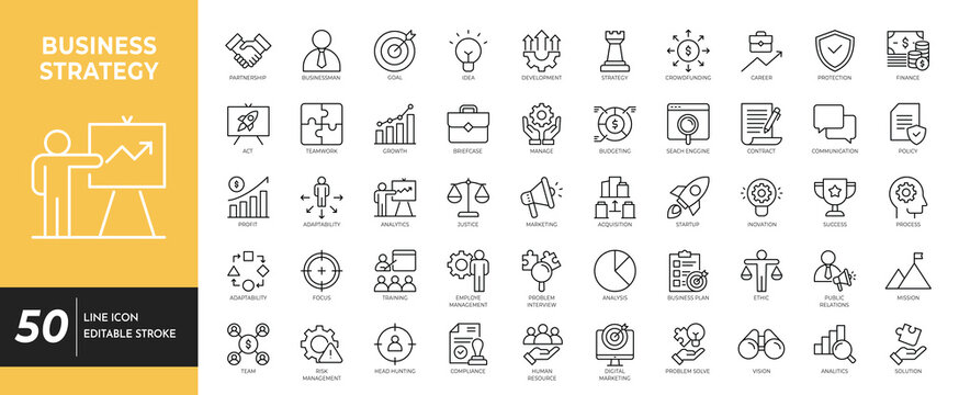 Business strategy icon set. Containing business, strategy, teamwork, organization, research, solution, team, marketing, and more, vector illustration