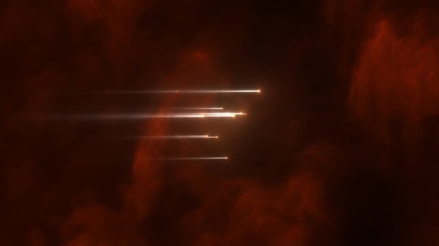 Bright glowing meteor streaks speed horizontally through a dark red nebulous cloud void in a cinematic 3D animation loop for dramatic sci-fi scenes