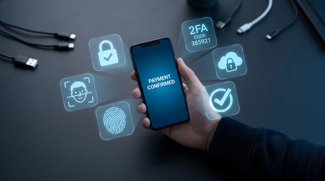 Secure Online Mobile Payment Confirmation Concept with Biometric Authentication Holograms and Two-Factor Security Icons on Smartphone Screen