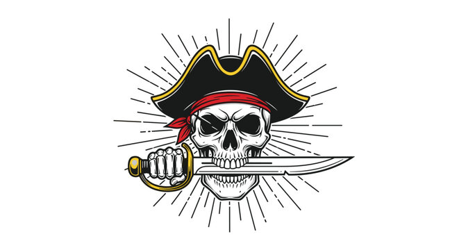 Detailed vintage pirate skull mascot wearing classic black tricorn hat with red bandana and biting sharp dagger sword.
