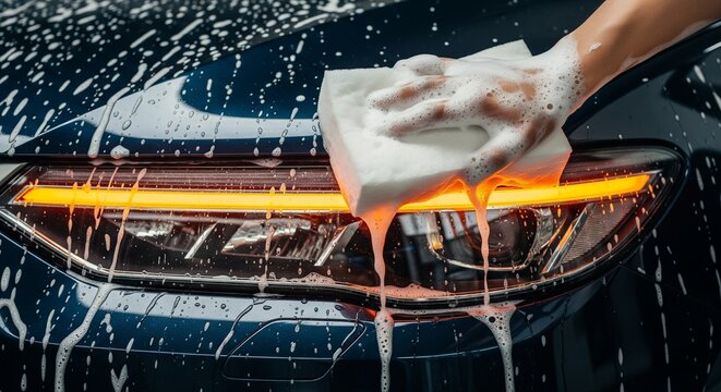 Close-up of a hand washing a dark blue car's front headlight with a white sponge and foam, showing