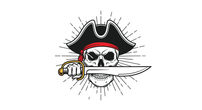 Angry pirate skull wearing tricorn hat with red bandanna holding cutlass sword in its mouth with sunburst lines.
