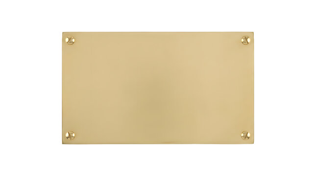 A blank brass plate with four brass screw heads on a white background for the concept of inscription and recognition.