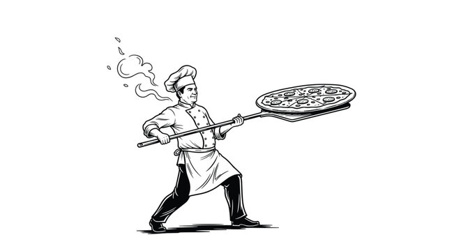 Italian pizza maker in active pose carrying a hot freshly baked pizza on a giant wooden shovel in retro sketch style.