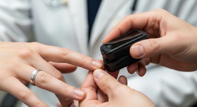 Close-up of a healthcare professional placing a pulse oximeter on a patient's finger for vital sign