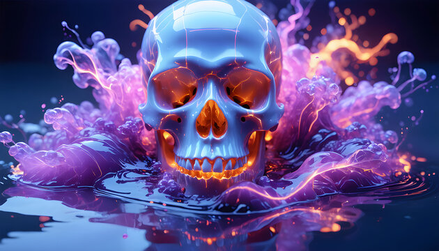 A high-contrast abstract 3D Halloween background featuring a stylized low-poly geometric human skull in front of a glowing orange full moon with flying polygon crows.