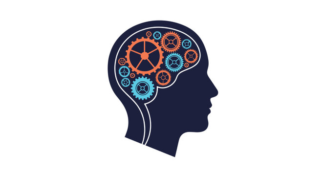 Human head profile filled with colorful interlocking gears and cogs, representing a complex thinking process.