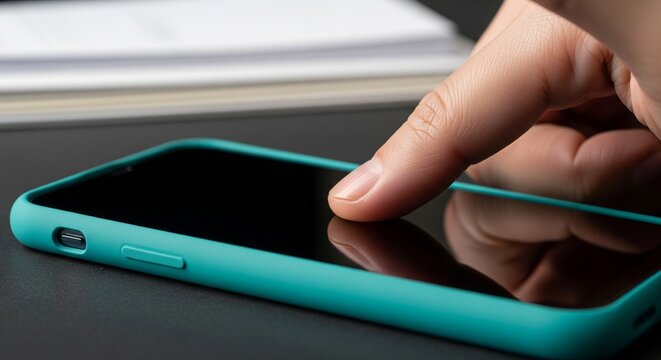 Close-up of a human finger touching the reflective black screen of a modern smartphone with
