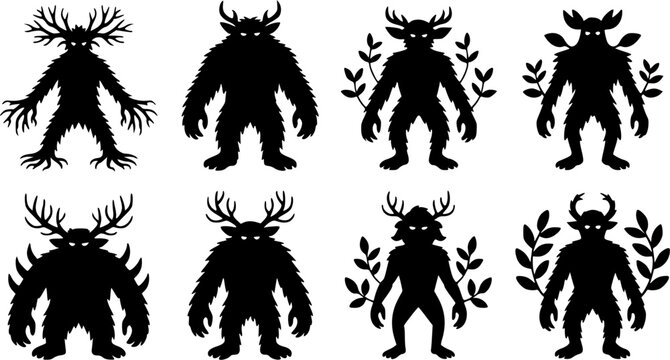 Forest monster and mythical creature vector icon set featuring Wendigo, Bigfoot, Leshy, and horned monster silhouettes.