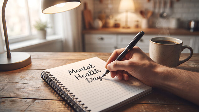Hand writing mental health day in notebook representing self care, emotional wellbeing and personal time off work